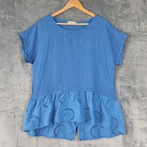 Terzo Millennio Top Large Linen Boho Eyelet Coastal Peplum Lagenlook Cottagecore